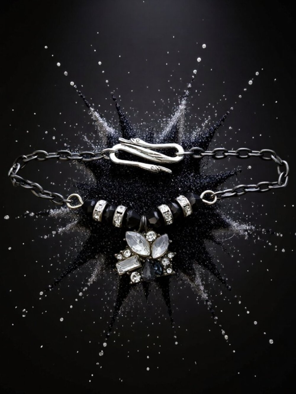 Slim Gunmetal Chain & Crystal Cluster Glam Statement Bracelet with Swan Clasp